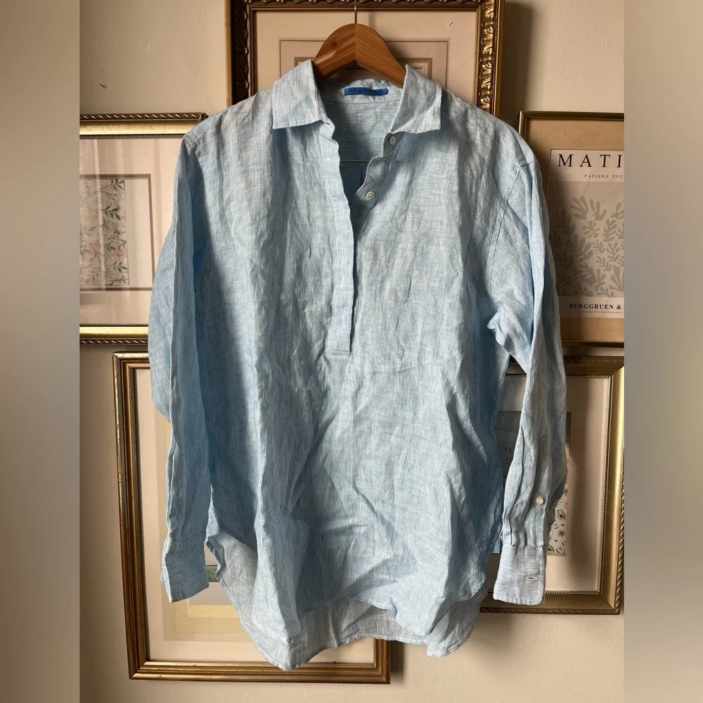 J. McLaughlin 100% Linen Quarter Button Up Blouse Top Blue Large - Picture 11 of 11